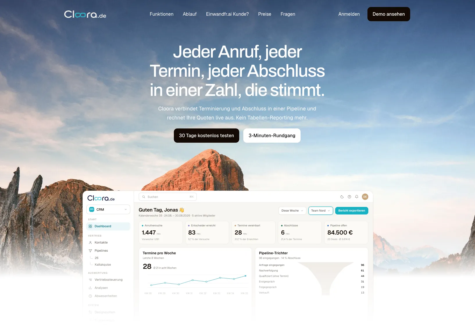 Cloora homepage with the sales dashboard