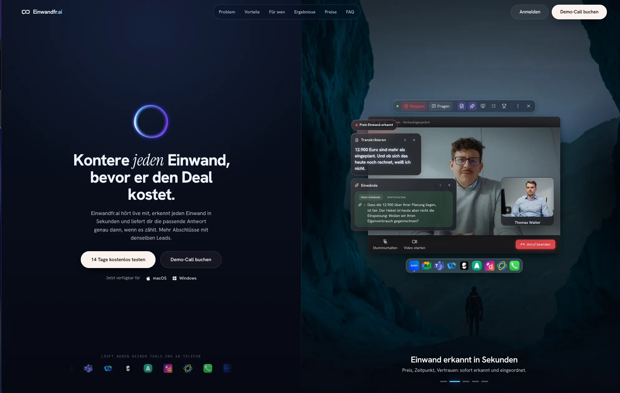 Einwandfr.ai homepage: a video call next to the detected objection card with a suggested answer