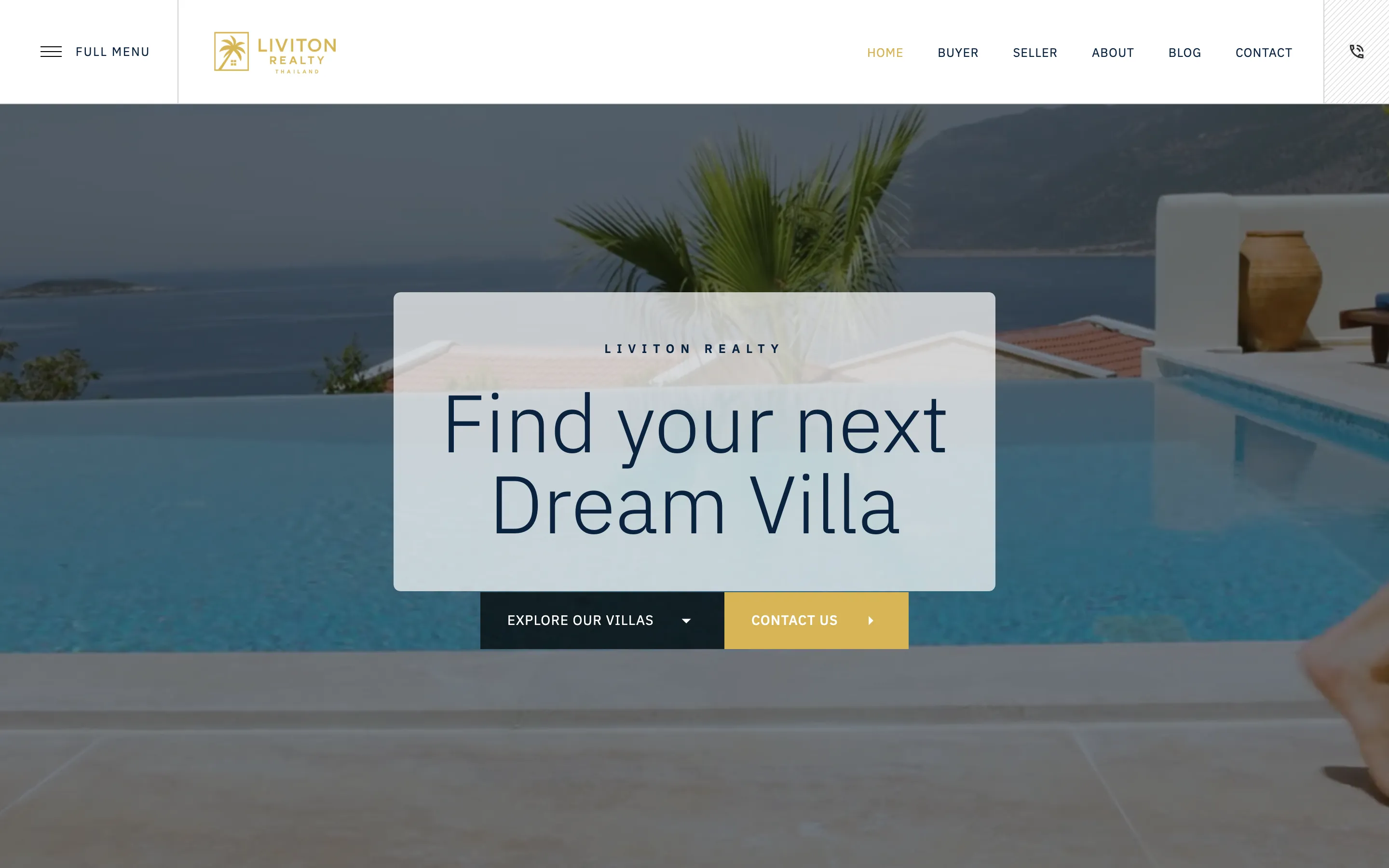 Liviton Realty homepage: villa with pool, headline “Find your next Dream Villa”