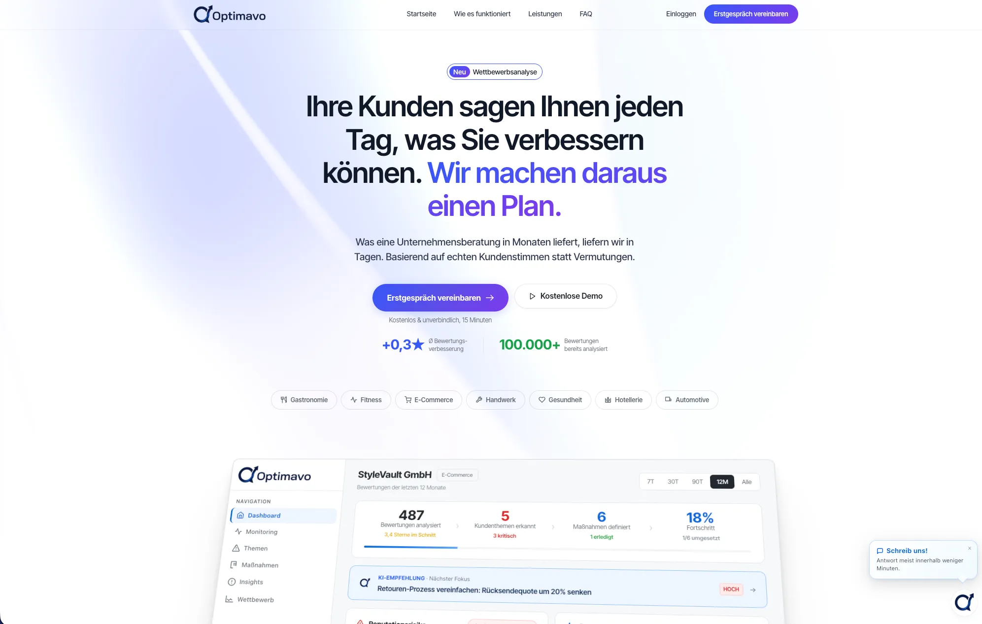 Optimavo homepage with the review dashboard